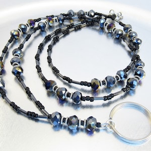 Beaded Lanyard, ID Necklace, Badge Holder, Credential Necklace - Black Aurora Borealis Crystal Glass ID Holder Necklace