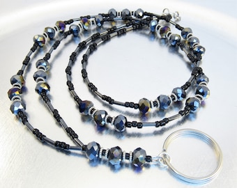 Beaded Lanyard, ID Necklace, Badge Holder, Credential Necklace - Black Aurora Borealis Crystal Glass ID Holder Necklace