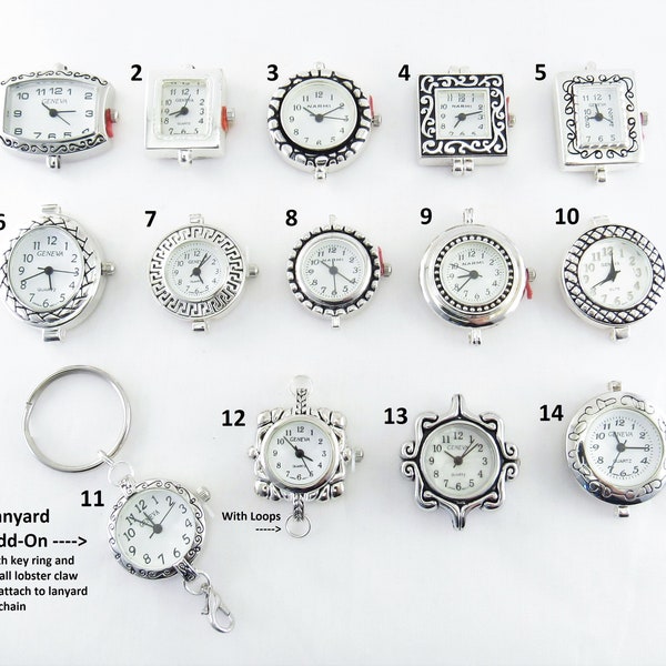 Silver Watch Face Add-On for Lanyards, ID Badge Holders, Necklaces-SEVERAL CHOICES