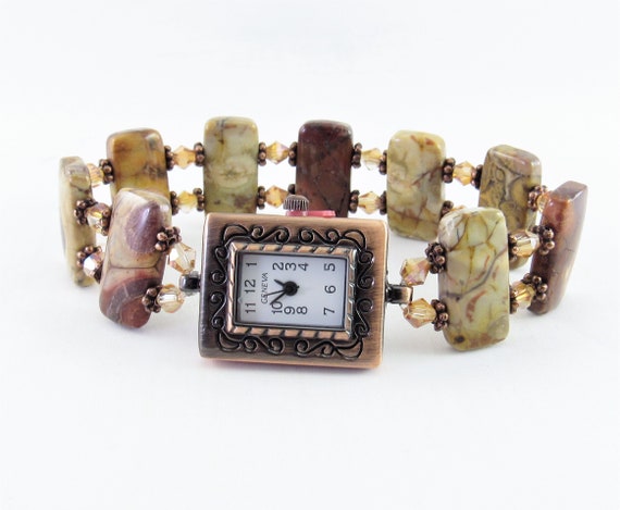 Copper, Birdseye Rhyolite and Topaz Crystal Glass Beaded Stretchy Bracelet Watch