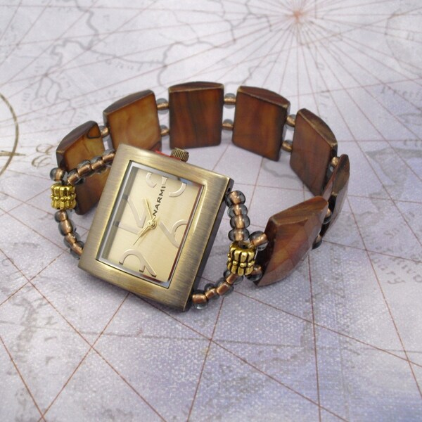 Faceted Toffee Colored Shell Stretchy Watch