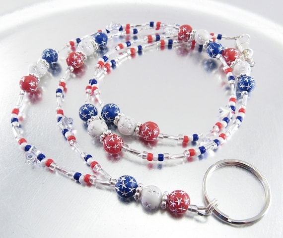 Patriotic Red, White and Blue with Swarovski Crystal Stars Badge Lanyard, ID Holder, Key Chain Necklace