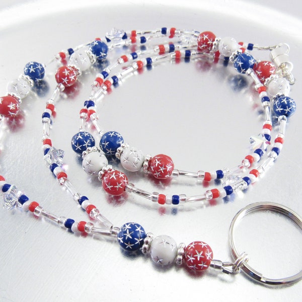 Patriotic Red, White and Blue with Swarovski Crystal Stars Badge Lanyard, ID Holder, Key Chain Necklace