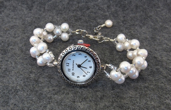 Beaded Bracelet Watch - White Freshwater Pearl Bracelet Watch in Silver, Wedding, Bride