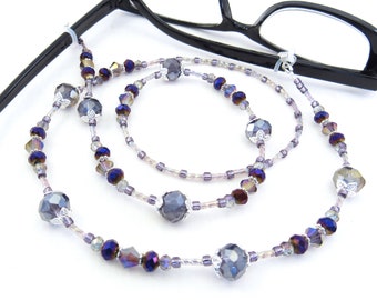 Purple Crystal Glass Sparkly Beaded Eyeglass Lanyard, Leash