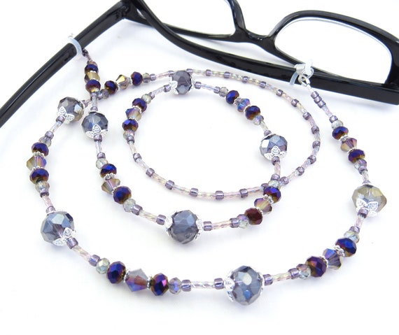 Purple Crystal Glass Sparkly Beaded Eyeglass Lanyard, Leash