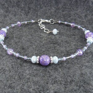 Beaded Ankle Bracelet - Purple Riverstone with Blue and Lavender Crystal Glass Anklet