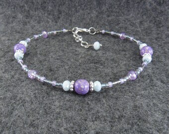 Beaded Ankle Bracelet - Purple Riverstone with Blue and Lavender Crystal Glass Anklet