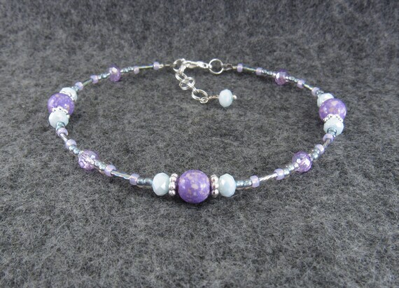 Beaded Ankle Bracelet - Purple Riverstone with Blue and Lavender Crystal Glass Anklet