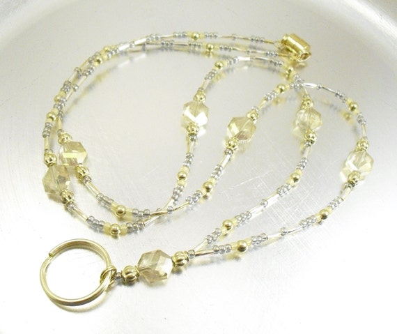 Faceted Champagne Hexagon Czech Glass Beaded ID Lanyard, Badge Holder, ID Badge Necklace
