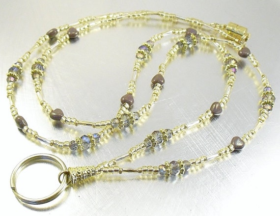 Lanyard - Petite Gold and Purple Crystal Glass Beaded ID Lanyard, Badge Holder, ID Badge Necklace