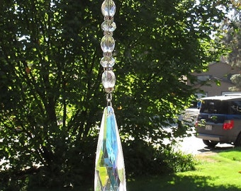 Bold Teardrop Crystal Aurora Borealis Rainbow Crystal and Rhinestone Rear View Mirror Charm, Decor, Sun Catcher, Crystal Accessory