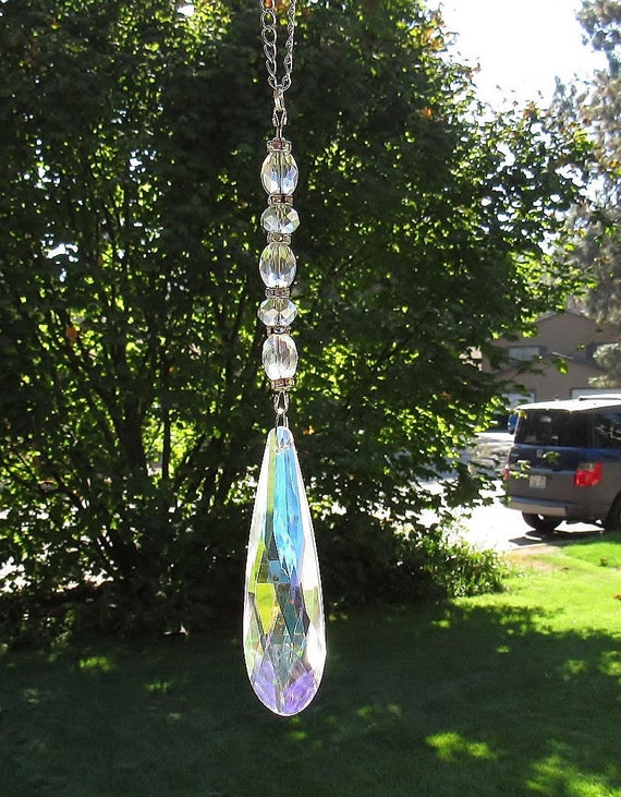 Bold Teardrop Crystal Aurora Borealis Rainbow Crystal and Rhinestone Rear View Mirror Charm, Decor, Sun Catcher, Crystal Accessory