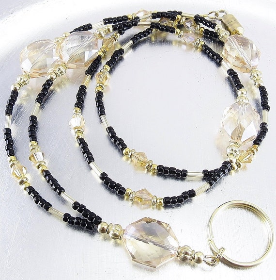 Faceted Champagne and Black Glass Beaded ID Lanyard, Badge Holder, ID Badge Necklace
