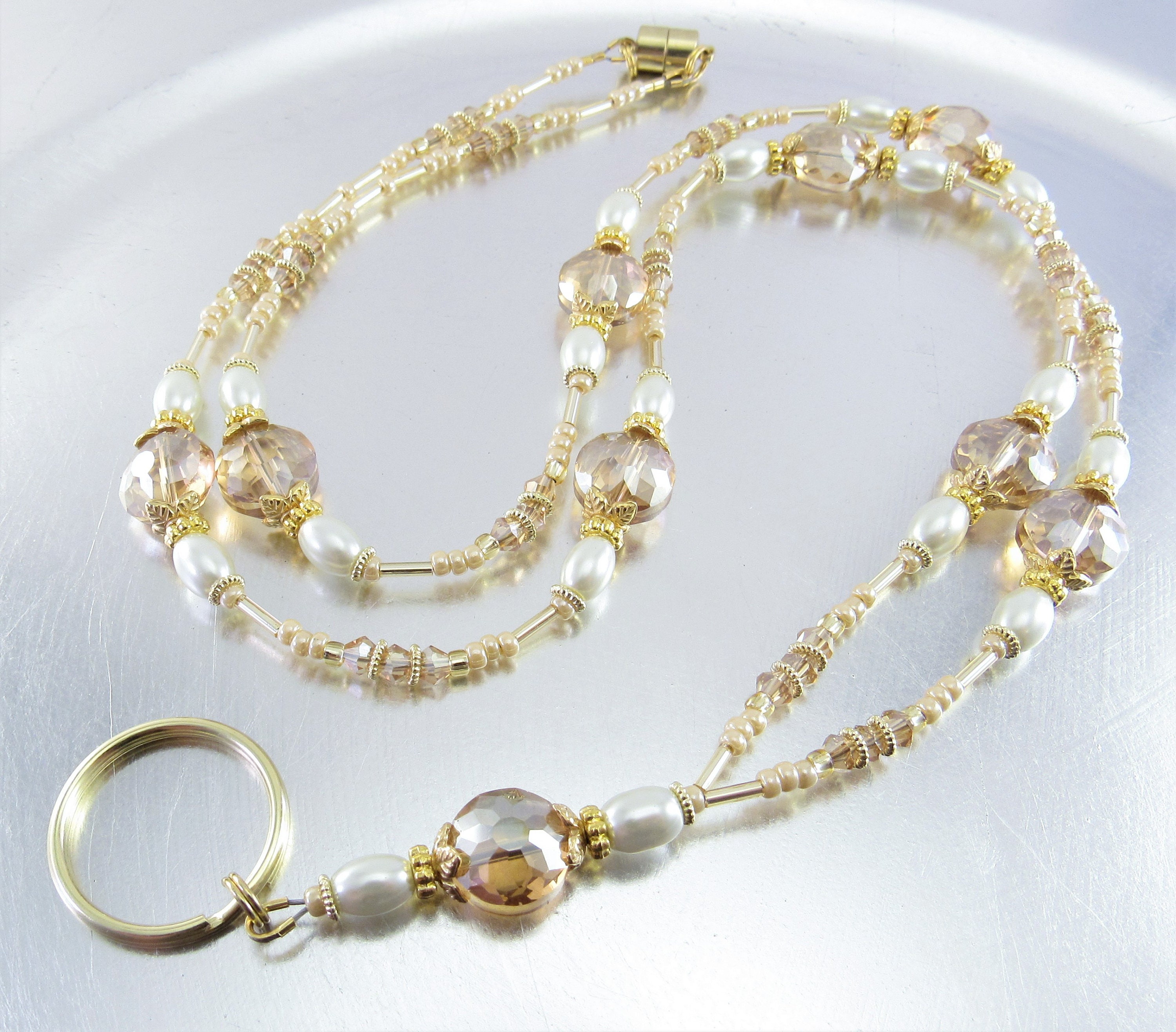 Beaded Lanyard Gold Faceted Crystal and Glass Pearl Badge Lanyard