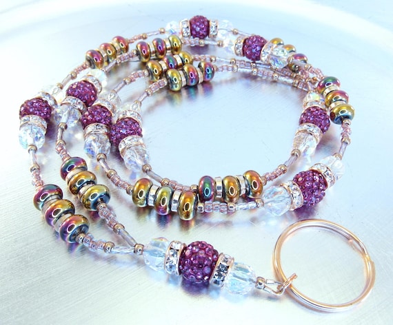 Beaded Lanyard -Fuchsia Rhinestone, Aurora Borealis Crystal and Metallic Rainbow ID Badge Holder, ID Lanyard, Glasses Holder