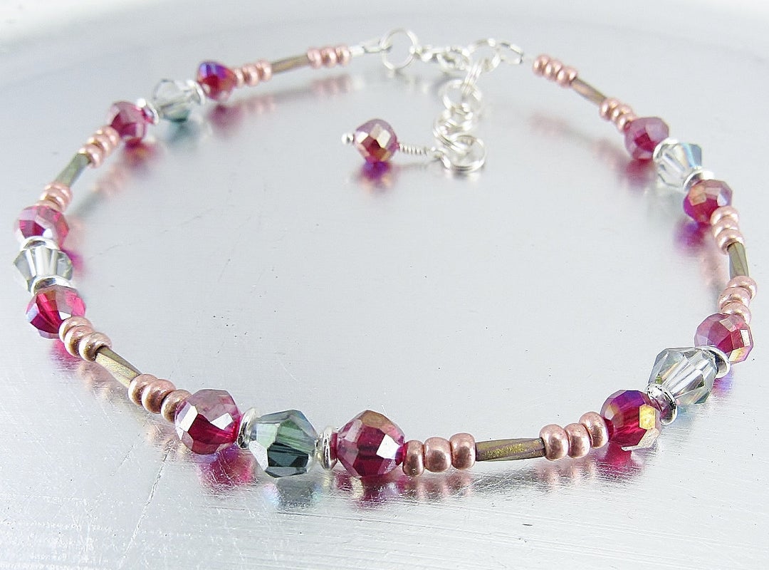 Beaded Ankle Bracelet Fuchsia, Crystal and Silver Glass Anklet - Etsy