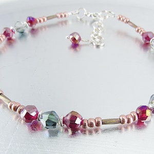 Beaded Ankle Bracelet Fuchsia, Crystal and Silver Glass Anklet - Etsy