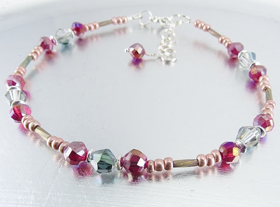 Beaded Ankle Bracelet - Fuchsia, Crystal and Silver Glass Anklet
