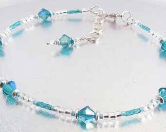 Blue Zircon Preciosa Crystal and Turquoise Glass Ankle Bracelet