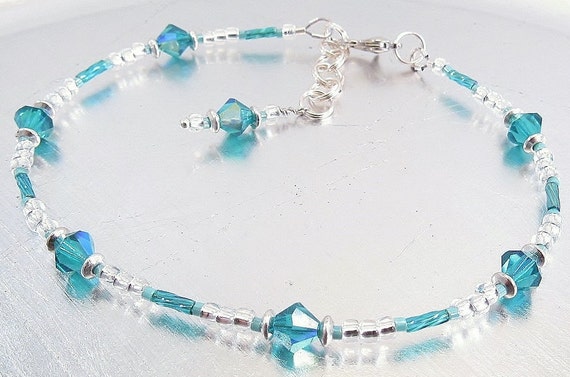 Blue Zircon Preciosa Crystal and Turquoise Glass Ankle Bracelet