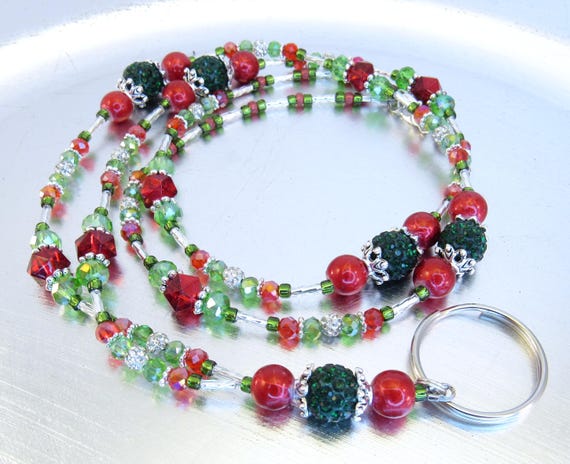 Sparkling Christmas Spirit Beaded Lanyard, ID Badge Holder, Credential Necklace -Red and Green Holiday ID Necklace