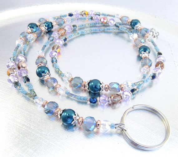 Teal Glass Pearl, Lavender Agate, Rainbow Blue, Purple and Copper Crystal Glass Beaded ID Badge Holder, ID Lanyard