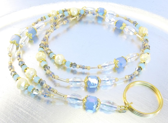 Iridescent Blue Glass, Yellow AB Glass and Crystal Aurora Borealis Beaded ID Badge Holder, Credential Lanyard, Cruise Ship Necklace