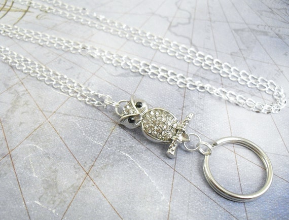 Petite Silver Rhinestone Owl Charm Style Oval Link Chain OR Leather Cord ID Lanyard, Badge Holder