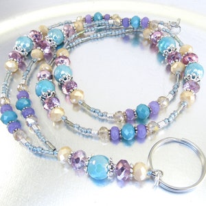 Blue Ceramic, Purple Agate and Purple Metallic Foiled Crystal Glass with Aqua and Champagne Crystal Glass Beaded Lanyard Credential Necklace