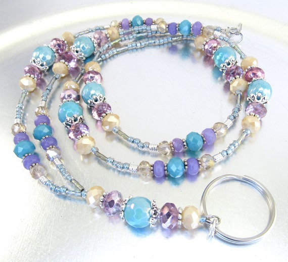 Blue Ceramic, Purple Agate and Purple Metallic Foiled Crystal Glass with Aqua and Champagne Crystal Glass Beaded Lanyard Credential Necklace