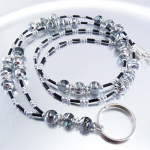 Silver Metallic and Black Glass Beaded ID Lanyard, Key Chain Necklace, Credential Holder