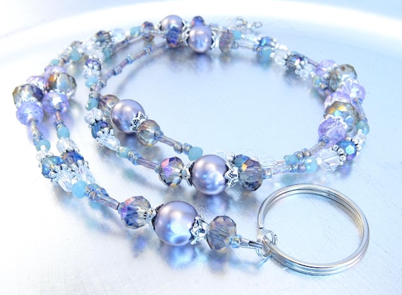 Mauve Swarovski Pearl, Blue and Purple Crystal Glass Beaded Lanyard, ID Badge Holder, ID Necklace Holder, Badge Clip Necklace