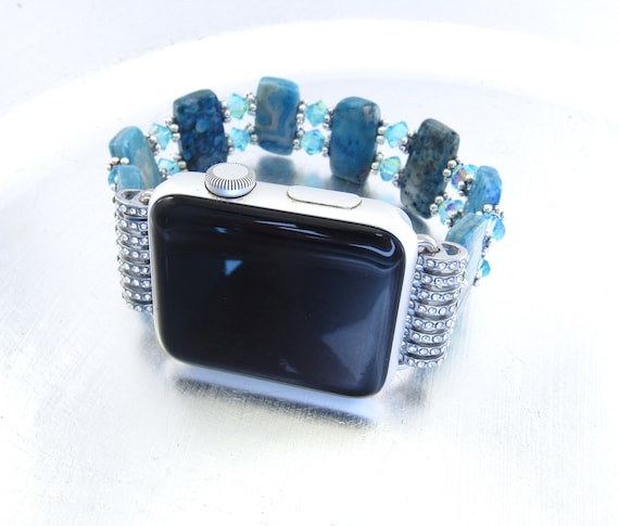 Apple Watch Band - Blue Crazy Lace Agate and Turquoise Blue Bicone Crystal Apple Watch Band