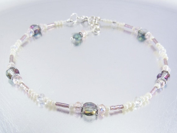 Beaded Ankle Bracelet - Rainbow, Pink and Clear Crystal Glass and Light Cream Pearl Anklet