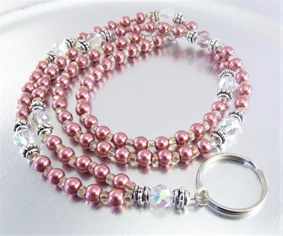 ID Lanyard - Rose Glass Pearl and Aurora Borealis Crystal Glass Beaded ID Badge Holder, ID Necklace