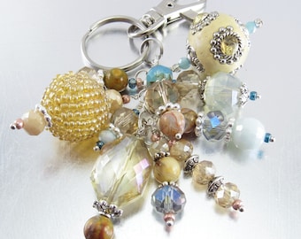 Bold Cluster Beaded Key Chain - Crystal Glass, Crazy Lace Agate, Ceramic and Silver