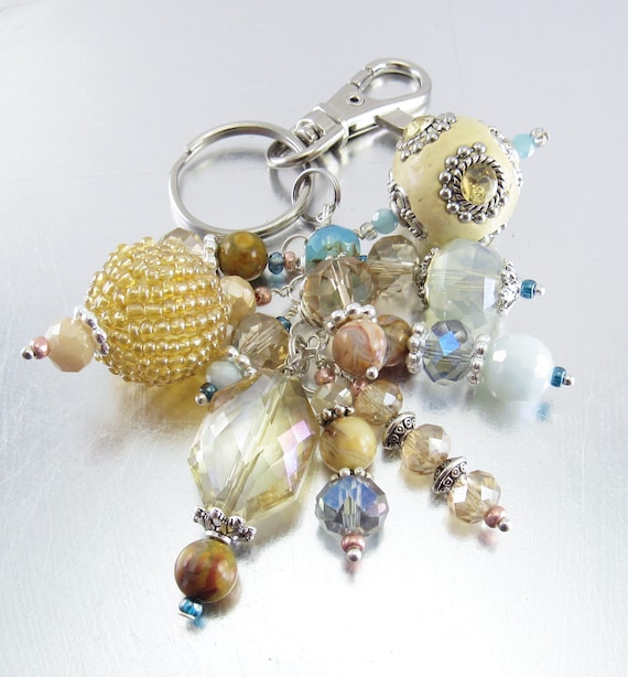Bold Cluster Beaded Key Chain - Crystal Glass, Crazy Lace Agate, Ceramic and Silver