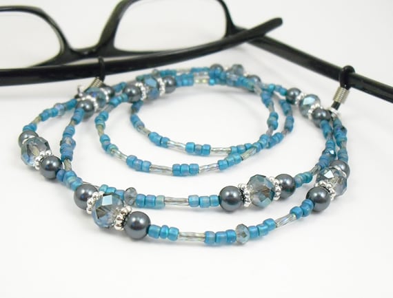 Blue Crystal Glass and Tahitian Look Swarovski Pearl Eyeglass Lanyard, Eyeglass Leash/Necklace