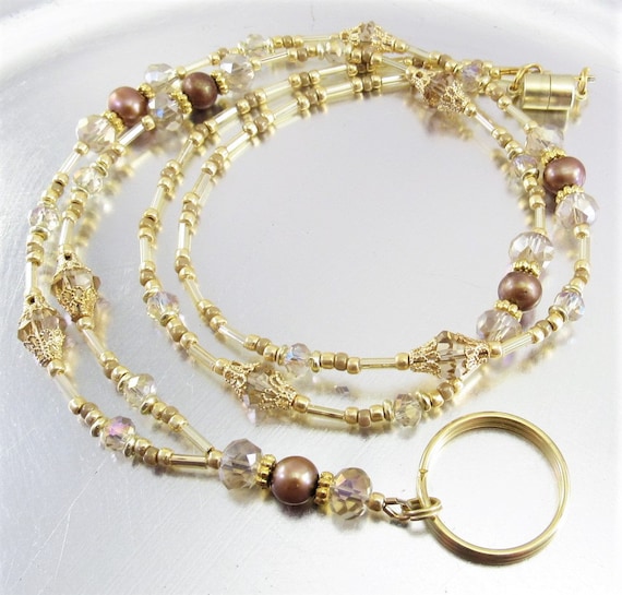 Beaded Lanyard - Champagne Crystal Glass and Brown Freshwater Pearl ID Badge Lanyard, Necklace - Beaded ID Lanyard, Badge Holder