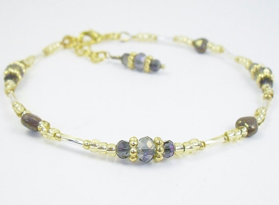 Ankle Bracelet - Purple Crystal Glass and Gold Anklet