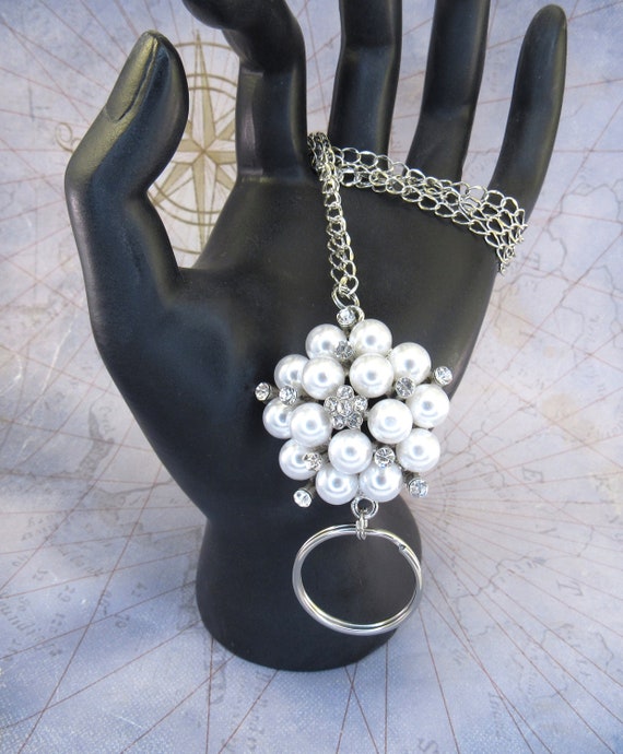 White Pearl and Crystal Rhinestone Pendant Style ID Lanyard, Badge Holder - YOUR CHOICE - Silver Curb Chain or Leather Cord