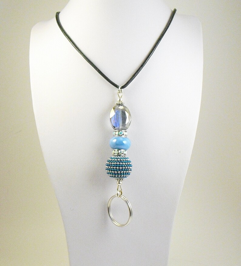 Rainbow Crystal Glass, AB Swarovski Crystal Wheels and Metallic Blue and Silver ID Lanyard, Badge Holder on Silver Chain or Leather Cord image 4