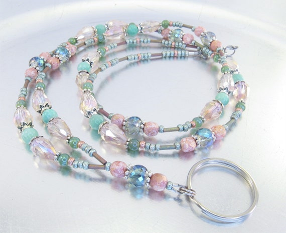 ID Lanyard, Badge Necklace, Credential Holder - Pink Crystal Glass, Aqua Quartzite, Green Luster Glass, Sage and Pink Crystal Glass