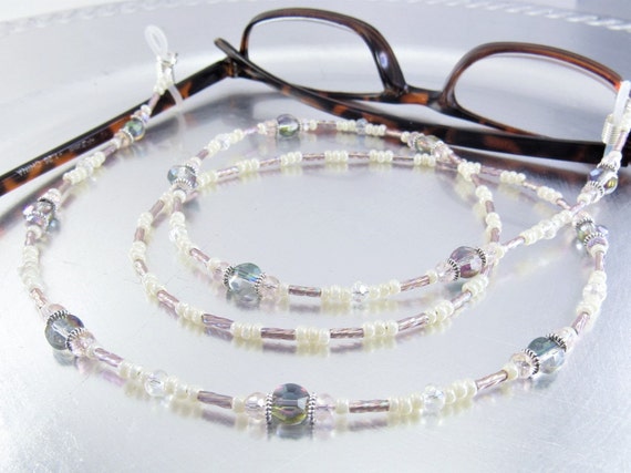 Rainbow, Pink and Clear Crystal Glass and Light Cream Pearl Eyeglass Lanyard, Eyeglass Leash, Glasses Holder