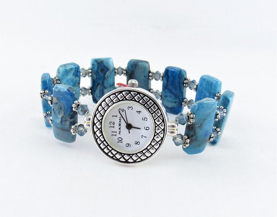 Beaded Bracelet Watch - Blue Crazy Lace Agate and Blue Faceted Crystal Glass Stretchy Bracelet Watch