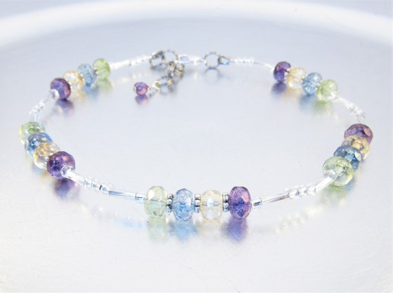 Beaded Ankle Bracelet - Purple, Blue, Green and Champagne Crystal Glass Anklet