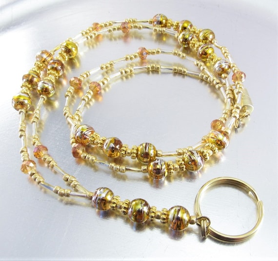 Beaded Lanyard - Gold Swirl Glass and Orange Copper Crystal Glass ID Badge Lanyard, Necklace - Beaded ID Lanyard, Badge Holder