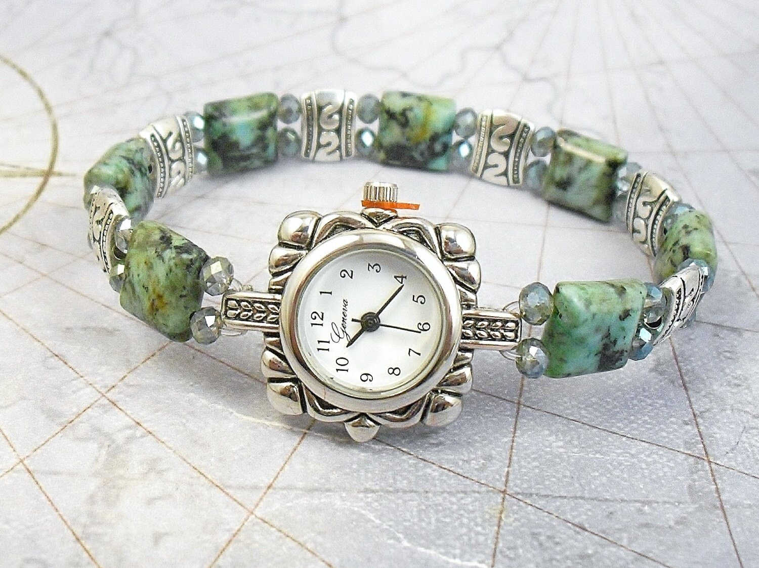 Beaded Bracelet Watch Petite African Turquoise Stretchy Bracelet Watch