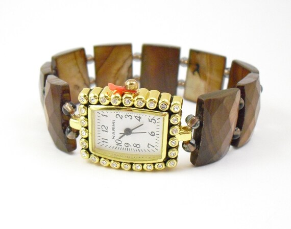 Toffee Shell Stretchy Watch with Rhinestone Studded Watch Face